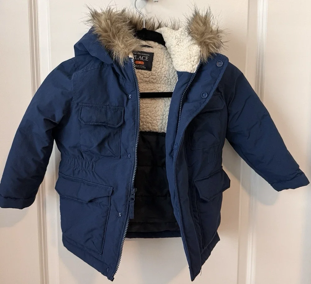 Children’s Place Navy Faux Fur Hooded Puffer Jacket Size XS 4